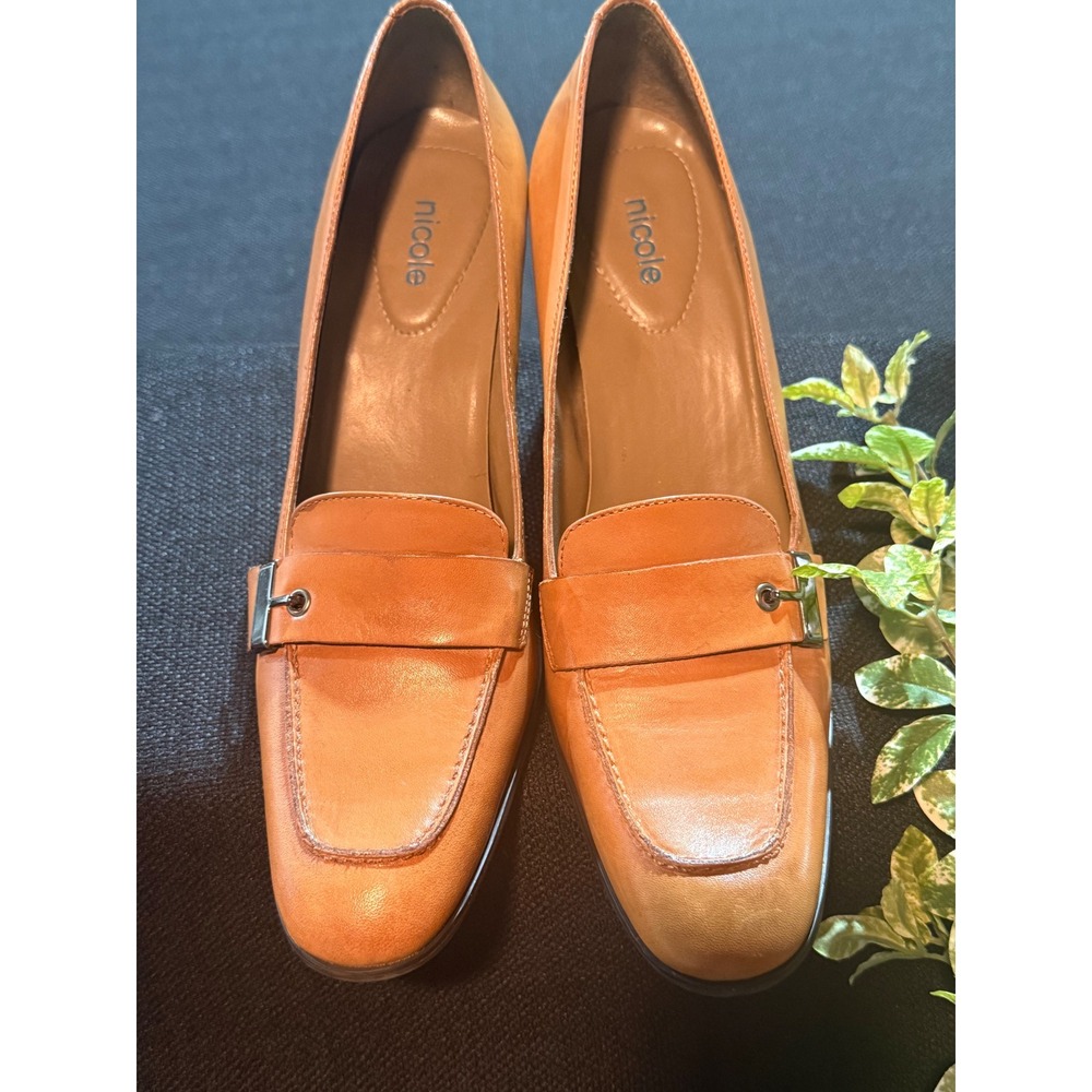 Nicole Tan Leather Loafer Pumps Square Toe Block Heel Made in Brazil Size 9M